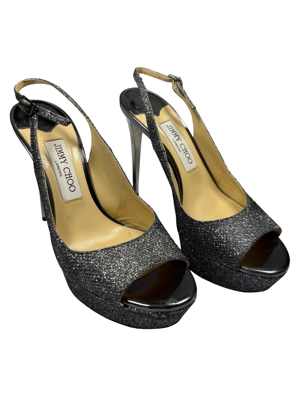 Jimmy Choo Womens US 8.5 Silver Glitter Peep Toe Platform Slingback Heels Luxury
